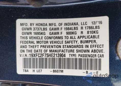 2017 Honda Civic Ex из США, поврежденный, VIN 19XFC2F75HE213904